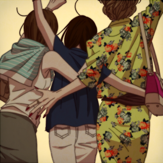 This is a pixiv picture whose title is 【創作】百合カップルとオネエの友達.