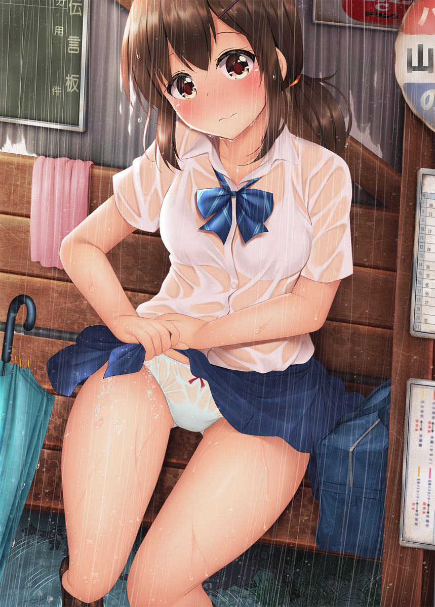 This is a pixiv picture whose title is バス停で濡れ透けＪＫちゃんとこの後『ナニ』モオコラナイワケモナク.