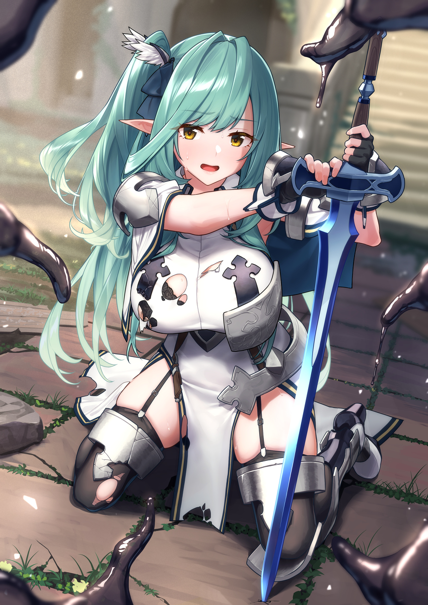 This is a pixiv picture whose title is 巨乳エルフ女騎士の敗北.