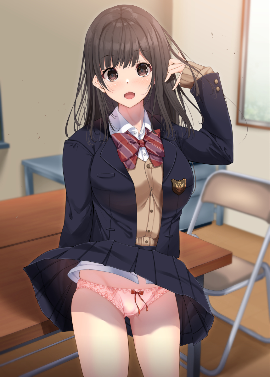 This is a pixiv picture whose title is 先輩「風、強いね」.