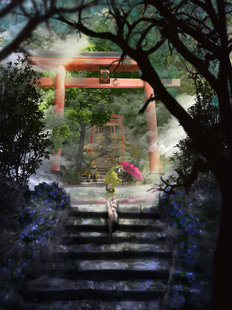 This is a pixiv picture whose title is 梅雨の晴れ間と稲荷山.