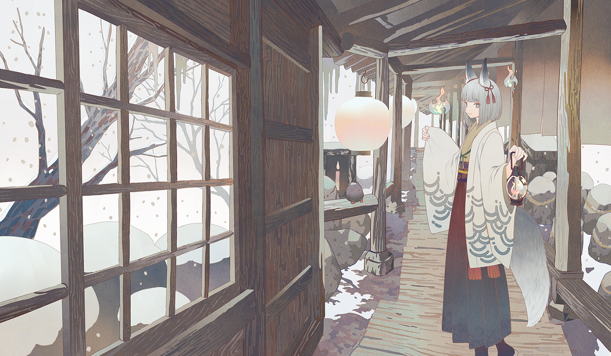 This is a pixiv picture whose title is 雪の中の宿.