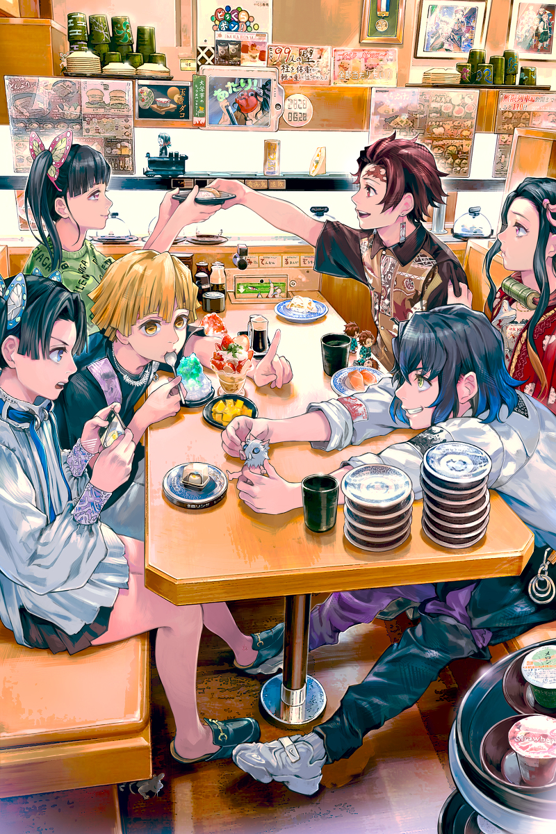 This is a pixiv picture whose title is 現代×鬼滅の刃 in くら寿司.