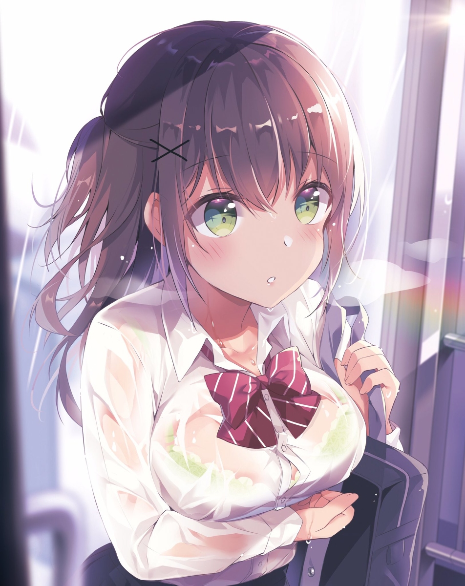 This is a pixiv picture whose title is 「梅雨。バスでの下校中」.