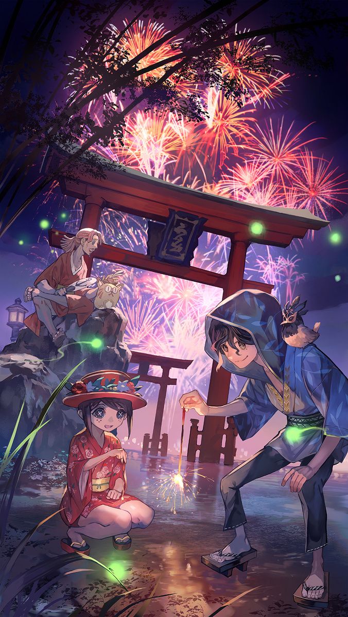 This is a pixiv picture whose title is 水辺の花火大会.