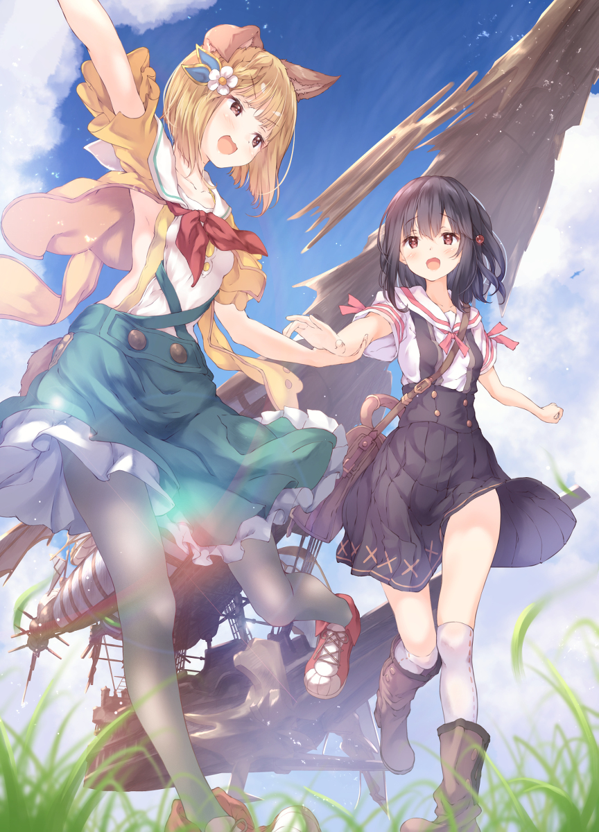 This is a pixiv picture whose title is ヴァジラとビカラ私服でおでかけ（＋見守る従者たち）.