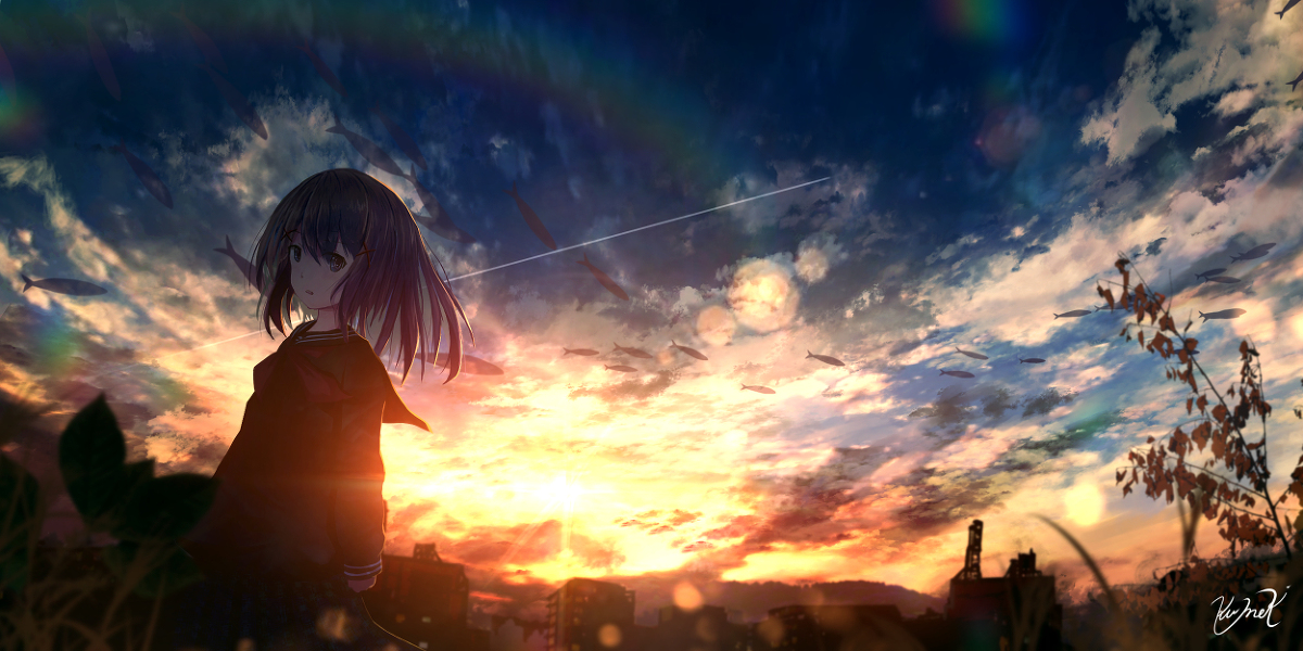 This is a pixiv picture whose title is 夕刻に染まる.