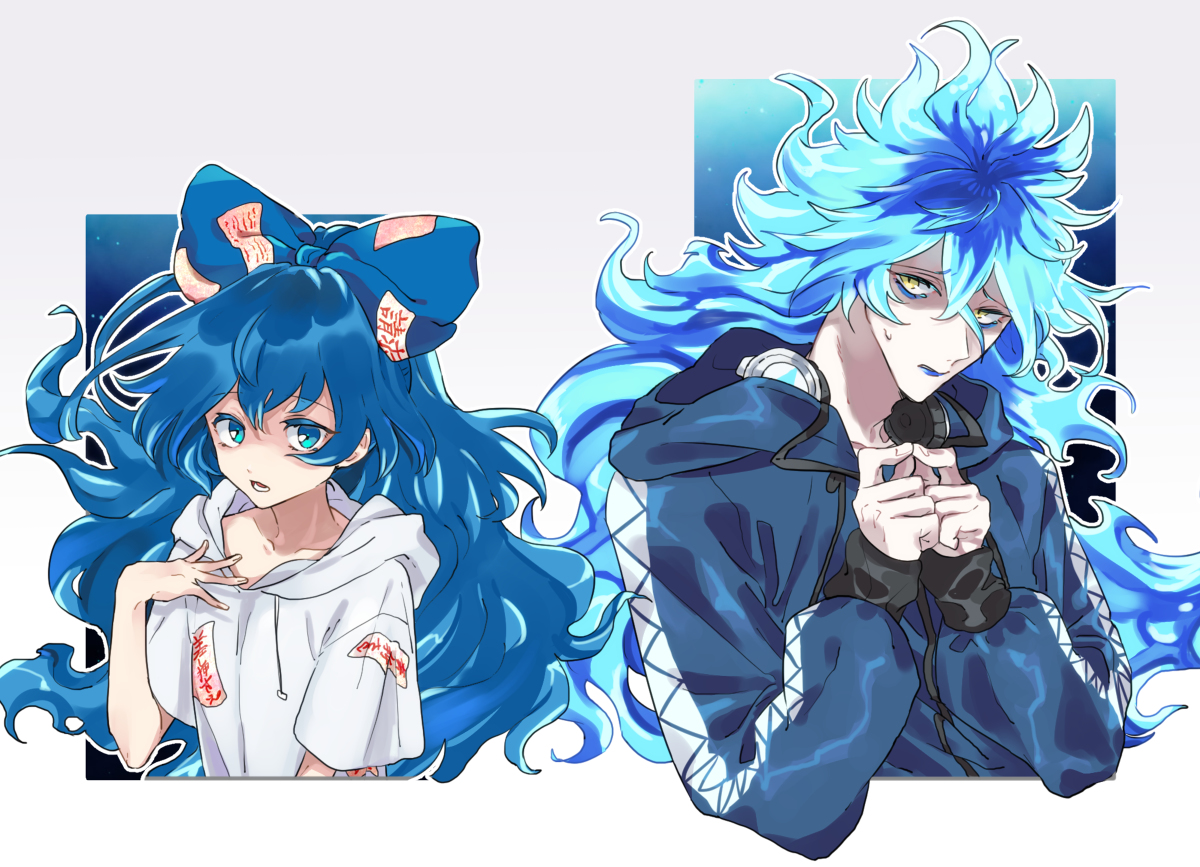 This is a pixiv picture whose title is 青くて燃えてそうな髪.