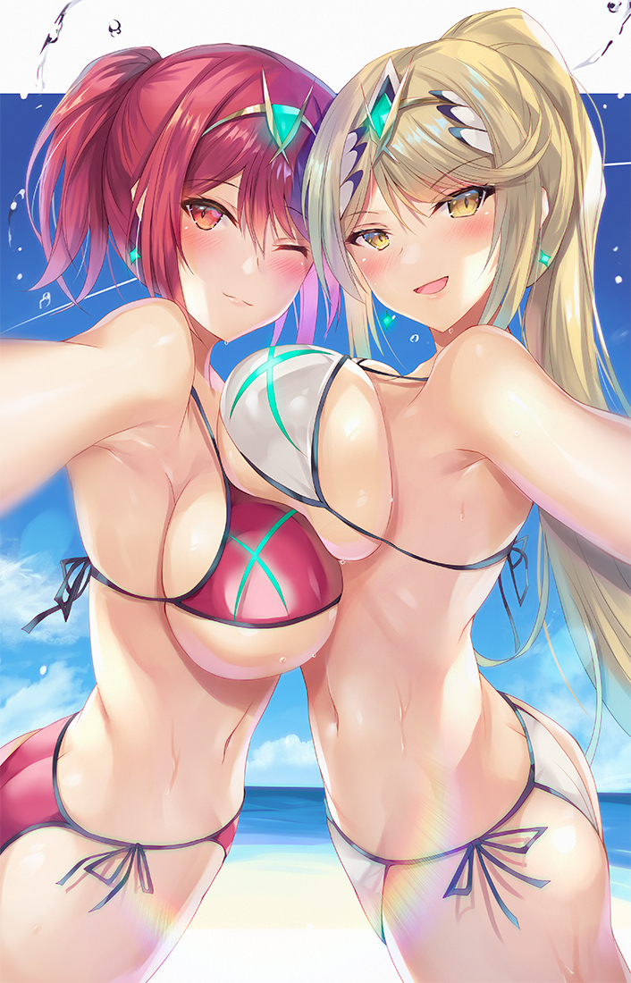 This is a pixiv picture whose title is 水着ホムラ＆ヒカリ.