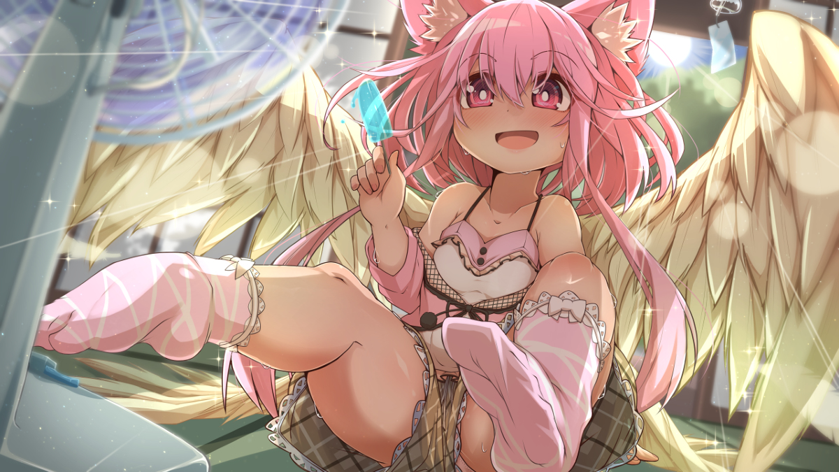 This is a pixiv picture whose title is 夏休みに田舎のおじいちゃん家で無防備に扇風機で涼むみゅりあちぃ.