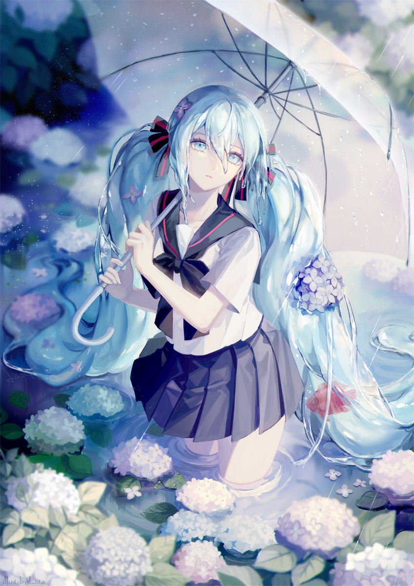 This is a pixiv picture whose title is 梅雨と紫陽花.