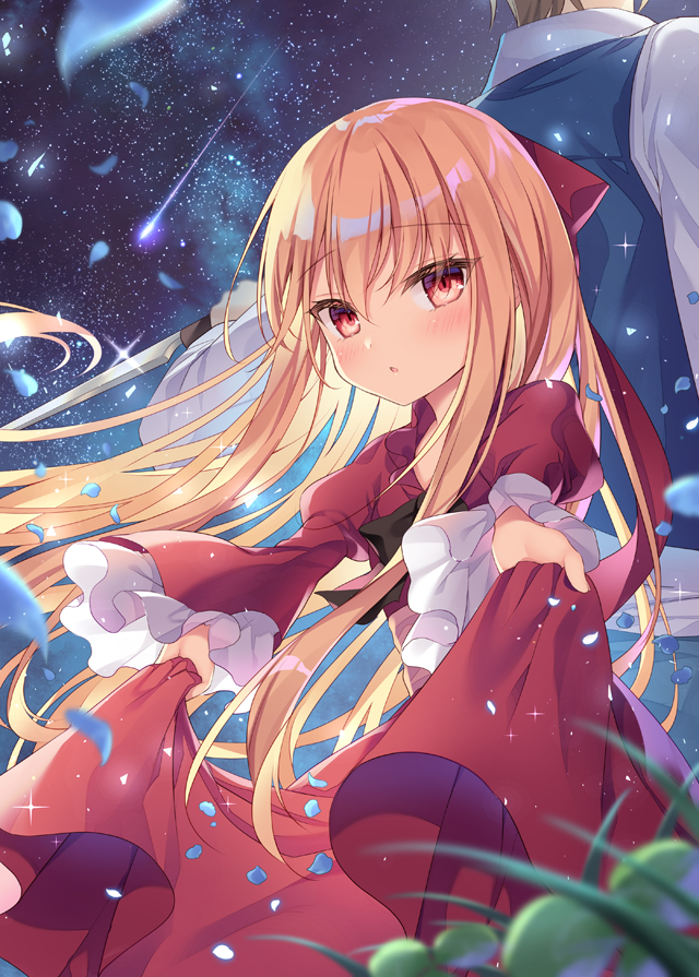 This is a pixiv picture whose title is 星と花とナイフと少女.