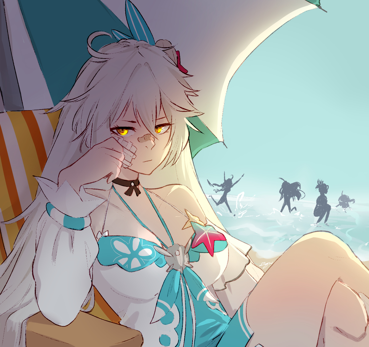 This is a pixiv picture whose title is forgot the waterproof bandages.