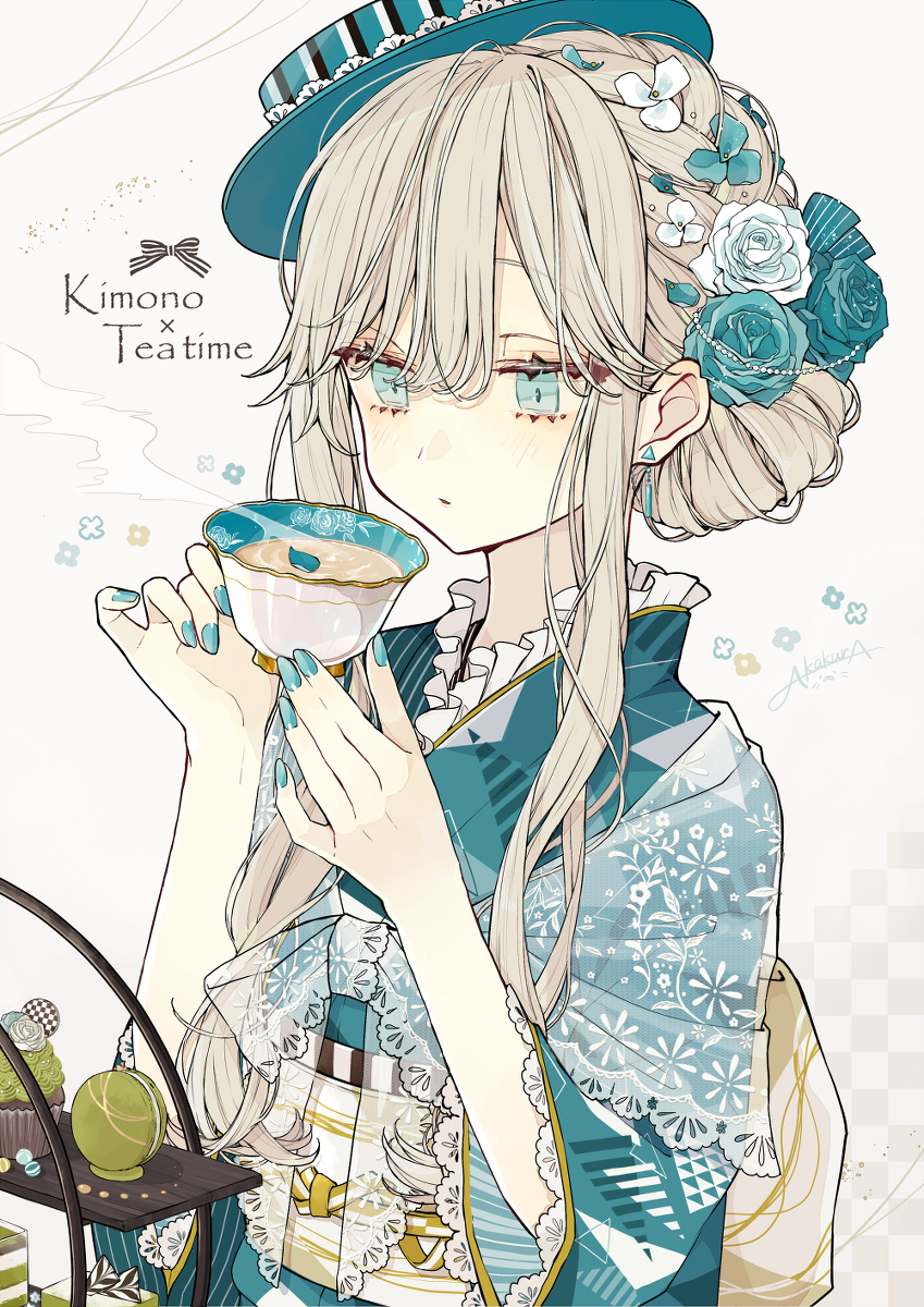 This is a pixiv picture whose title is 着物×ティータイム.