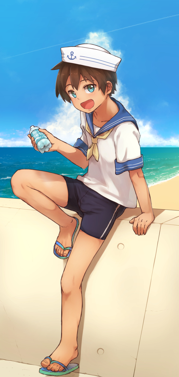 This is a pixiv picture whose title is 夏の海、セーラー服の少年.