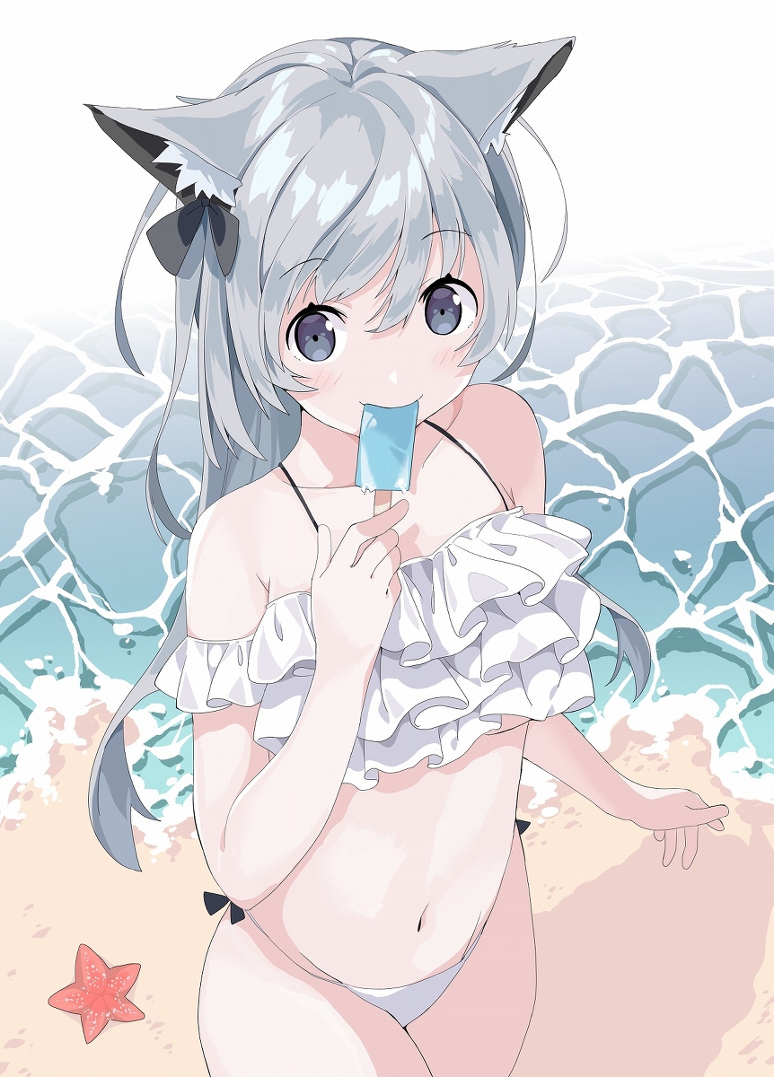 This is a pixiv picture whose title is 銀髪ケモミミ水着ちゃん.