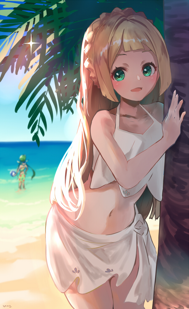 This is a pixiv picture whose title is 【ビーチと木陰と】水着リーリエ('ω').