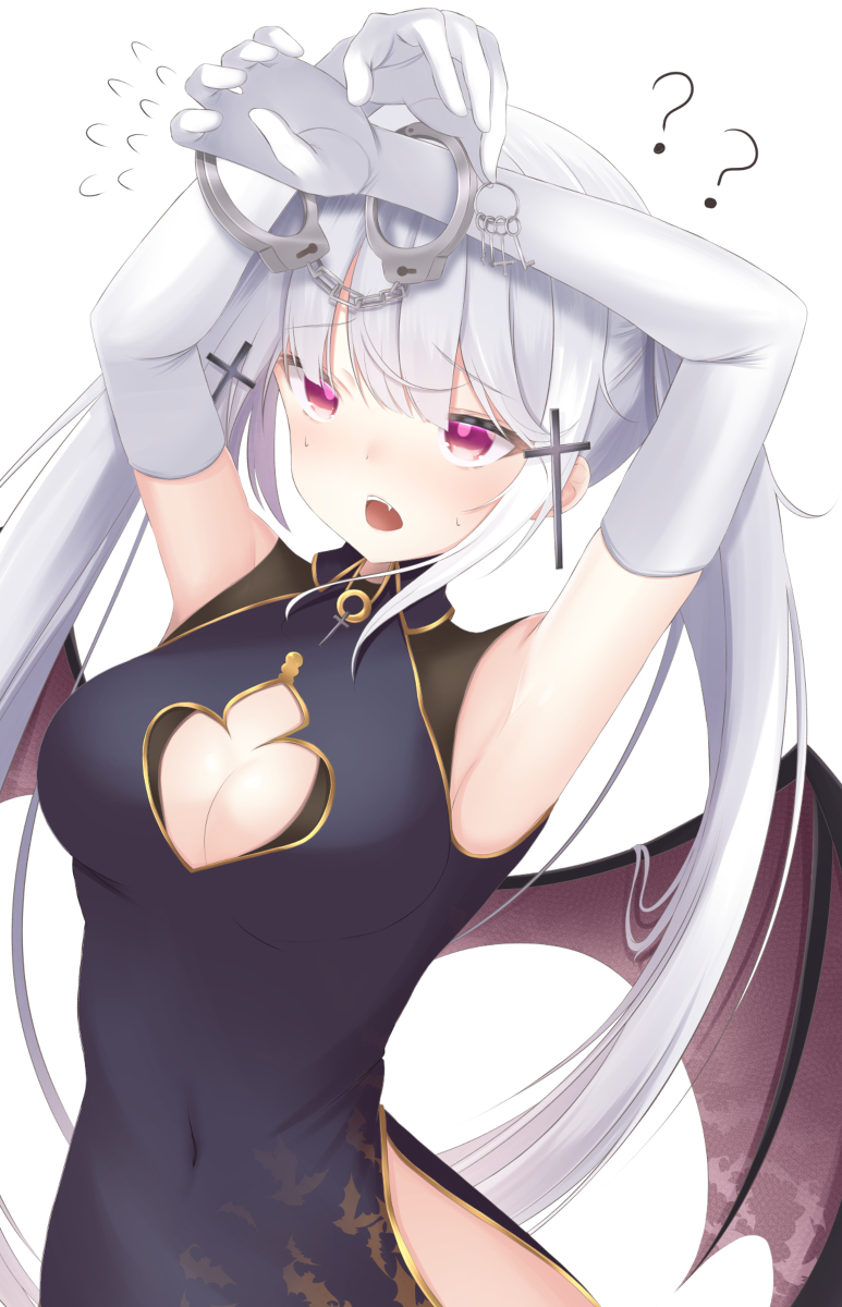 This is a pixiv picture whose title is 手錠をはめたら取れなくなっちゃった悪魔サティンちゃん.