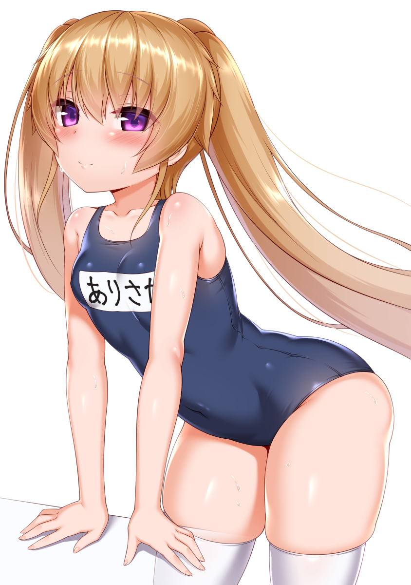 This is a pixiv picture whose title is お尻突き出して無意識にオスを誘うスク水ニーソ真白ちゃん.