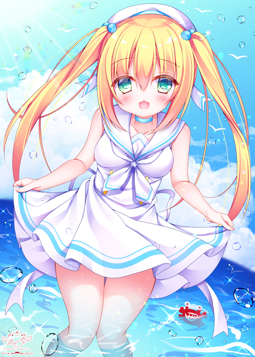 This is a pixiv picture whose title is 海にセーラー白ワンピな女の子.
