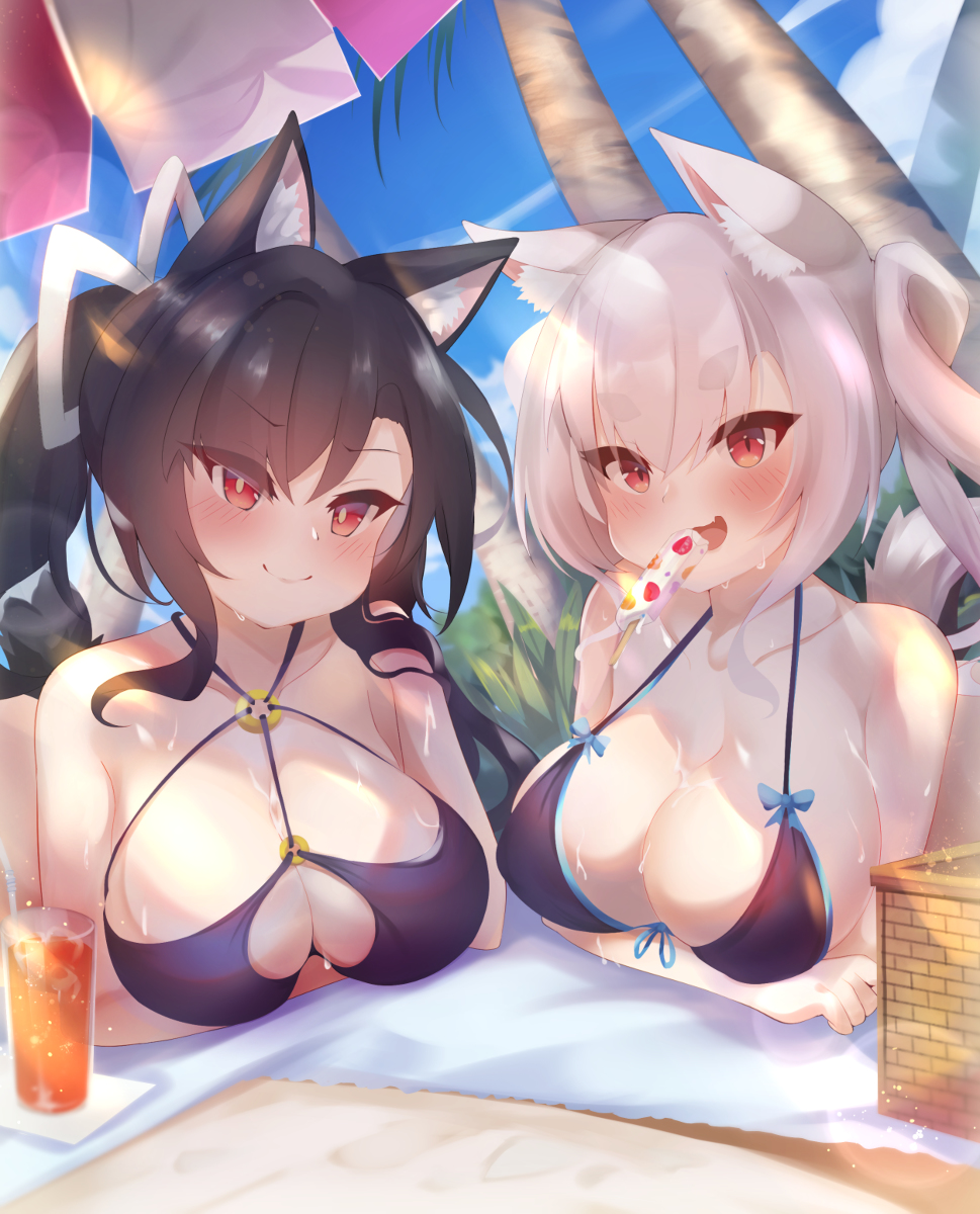 This is a pixiv picture whose title is わんにゃんデート（お肉盛バルジ.