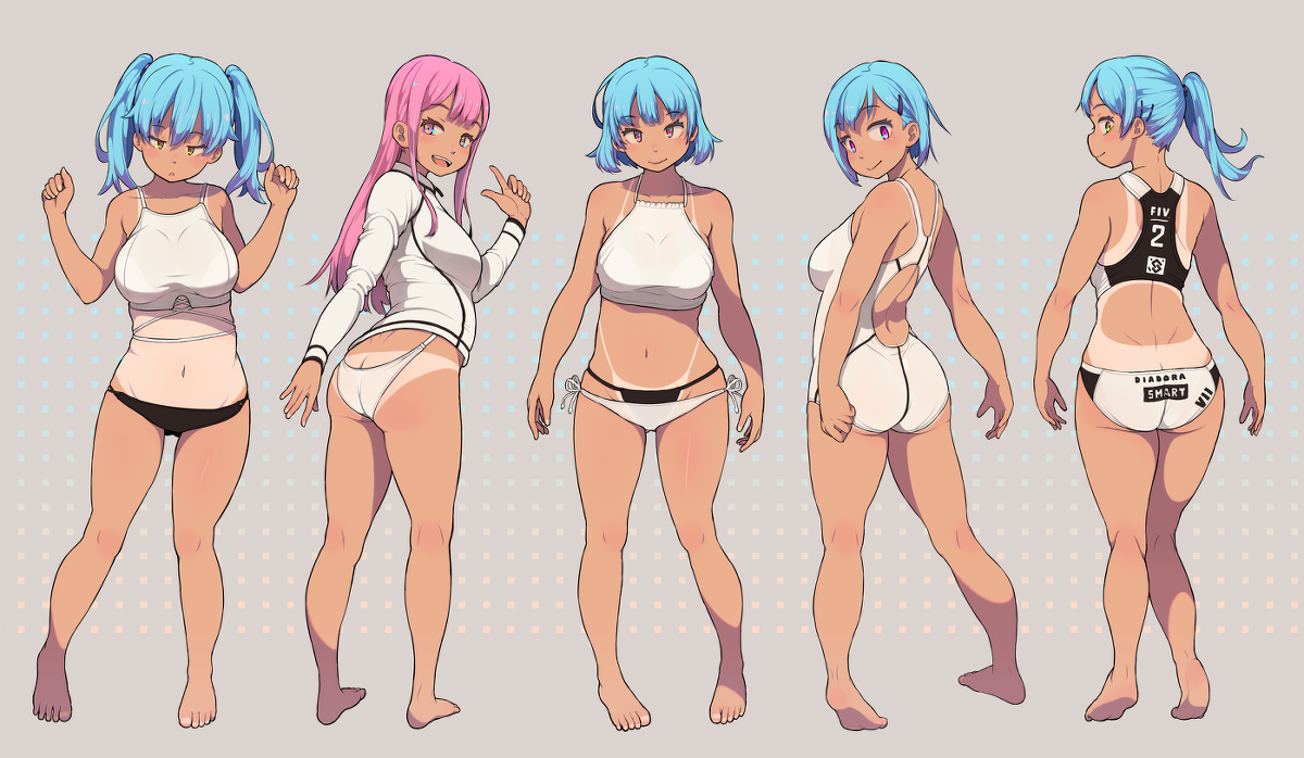 This is a pixiv picture whose title is 青髪日焼けの子。＋ピンク髪＋.