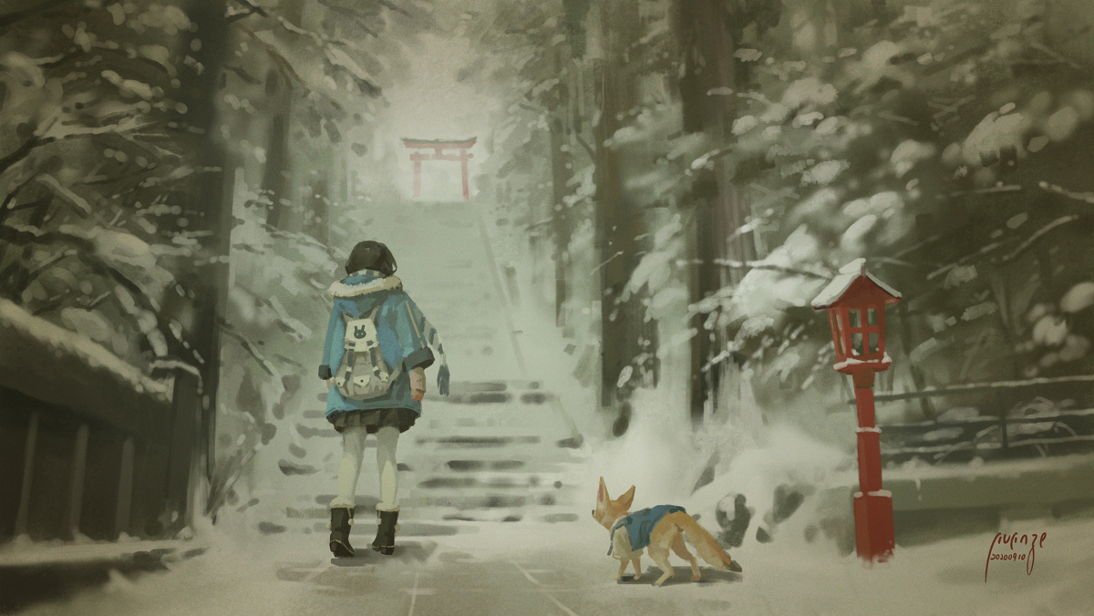 This is a pixiv picture whose title is 睦月、神社.