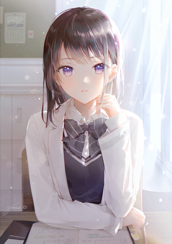 This is a pixiv picture whose title is 後ろの席の彼女.