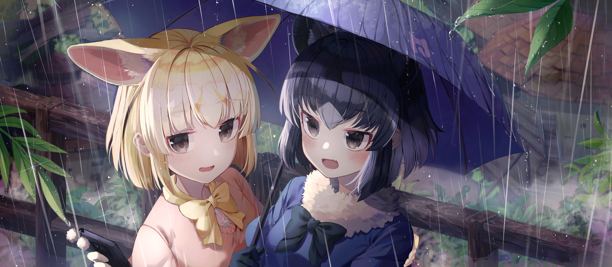This is a pixiv picture whose title is 雨 - フェネック,アライグマ.