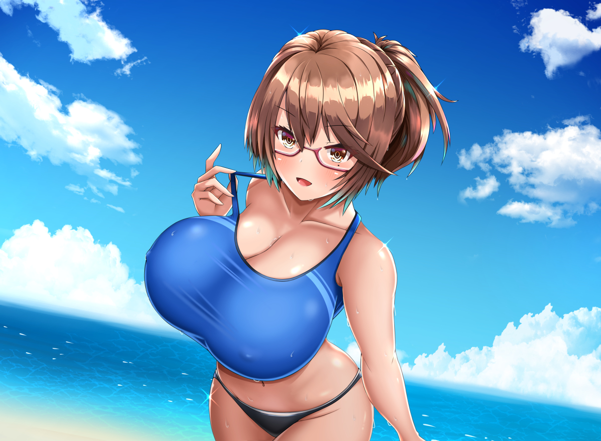 This is a pixiv picture whose title is 爆乳お姉さんとスポブラ海デート♥.