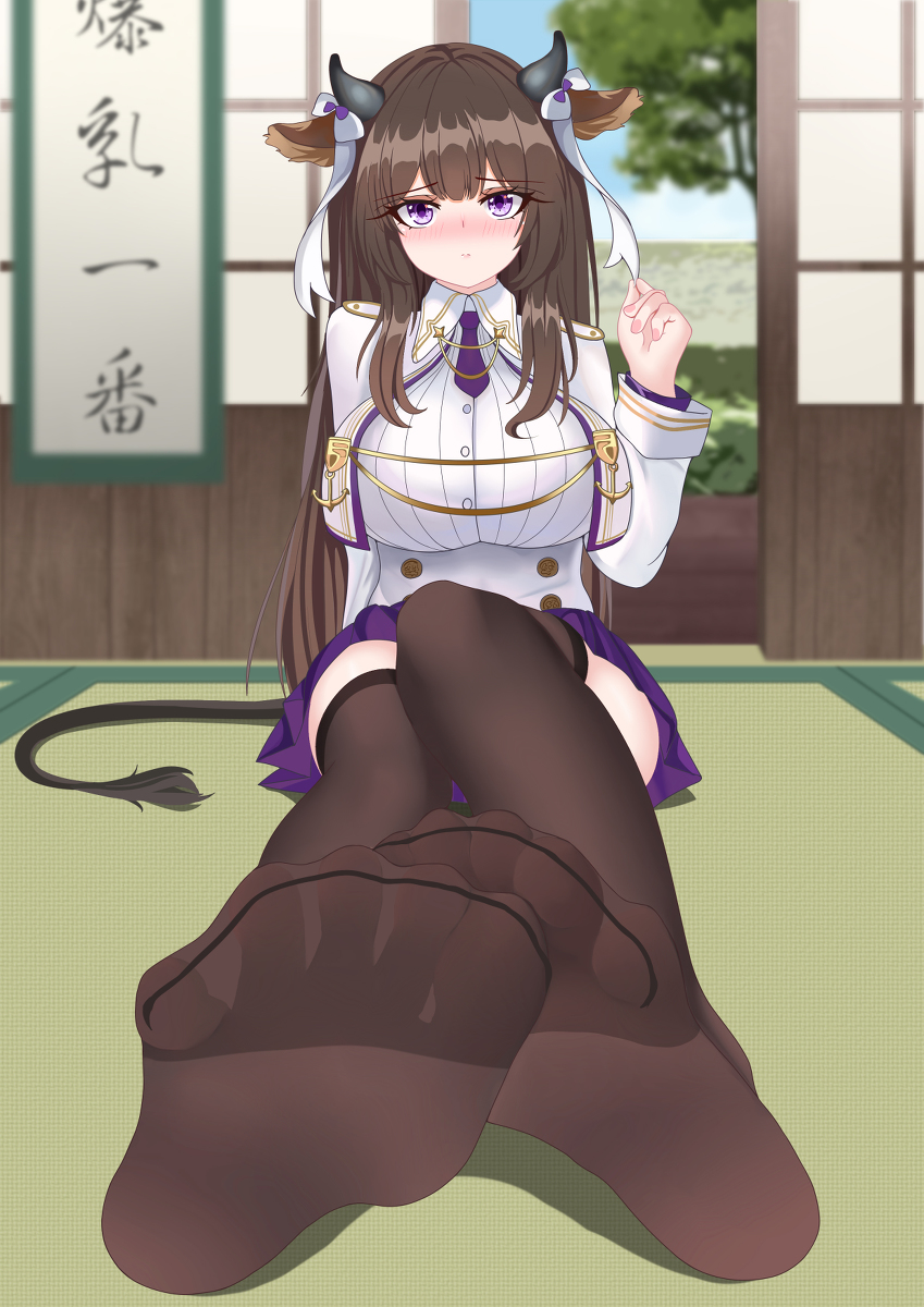 This is a pixiv picture whose title is 胸部和脚，到底要用哪个啦....