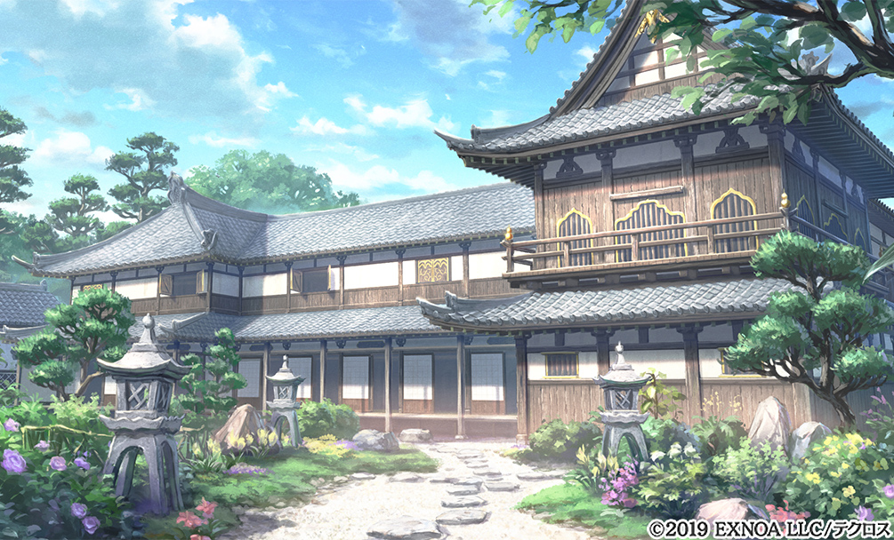 This is a pixiv picture whose title is ［仕事絵］あやかしランブル！_庭園から見る屋敷.