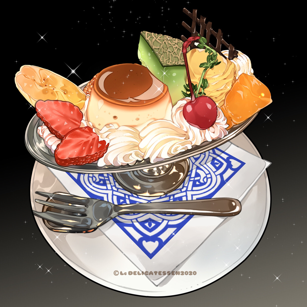 This is a pixiv picture whose title is Mixed fruit pudding dessert.