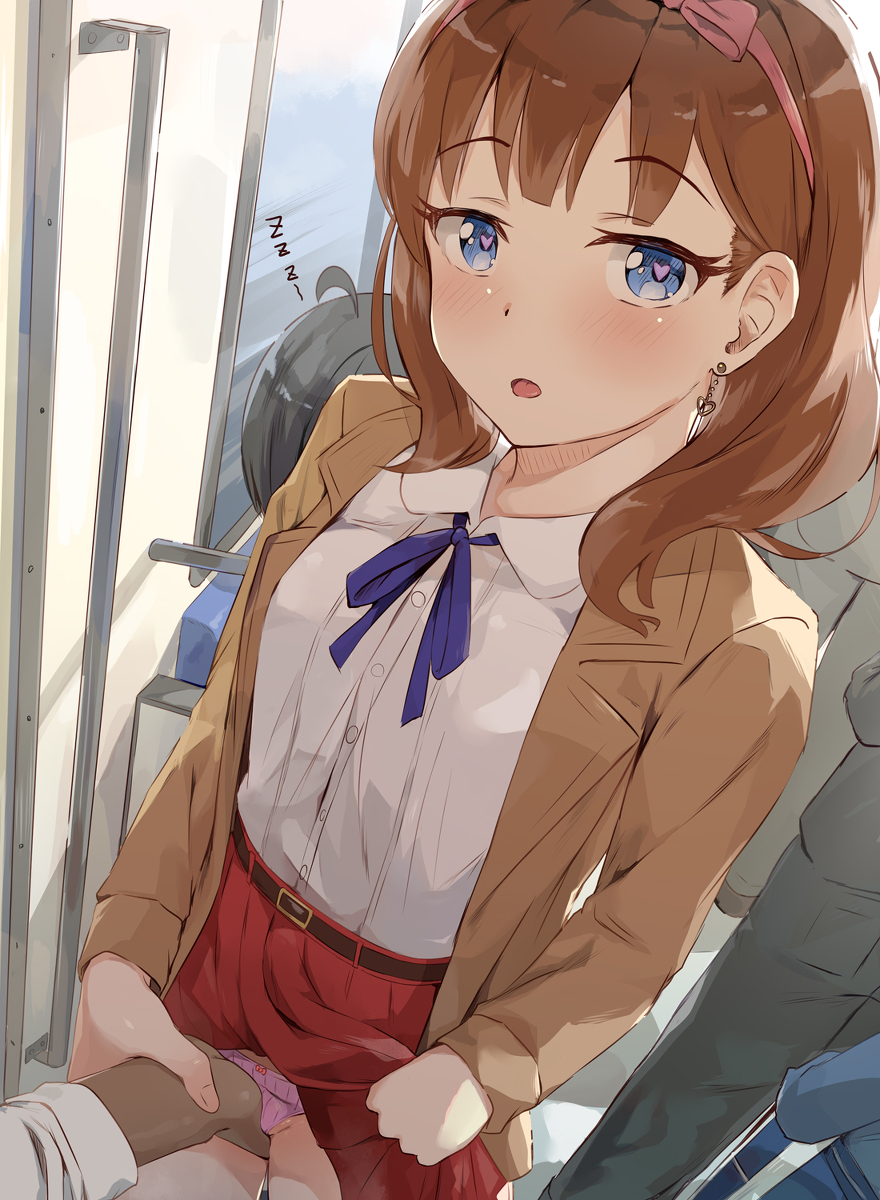 This is a pixiv picture whose title is 電車の中でこっそり触らせてくれる佐久間まゆさん.