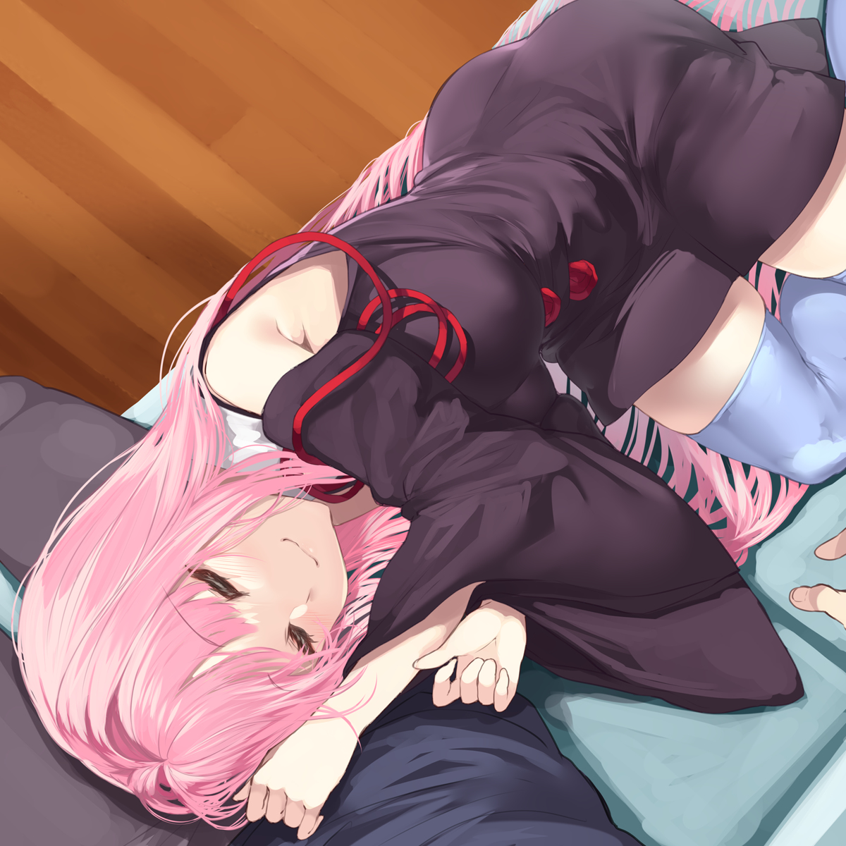 This is a pixiv picture whose title is さも当然の様に膝の上を占拠して眠る茜ちゃん.