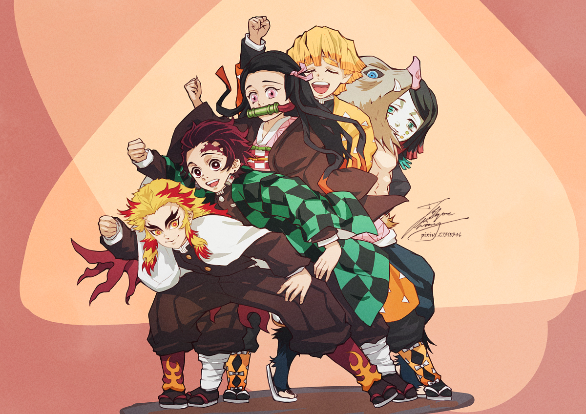 This is a pixiv picture whose title is 鬼滅の刃Choo Choo TRAIN編.