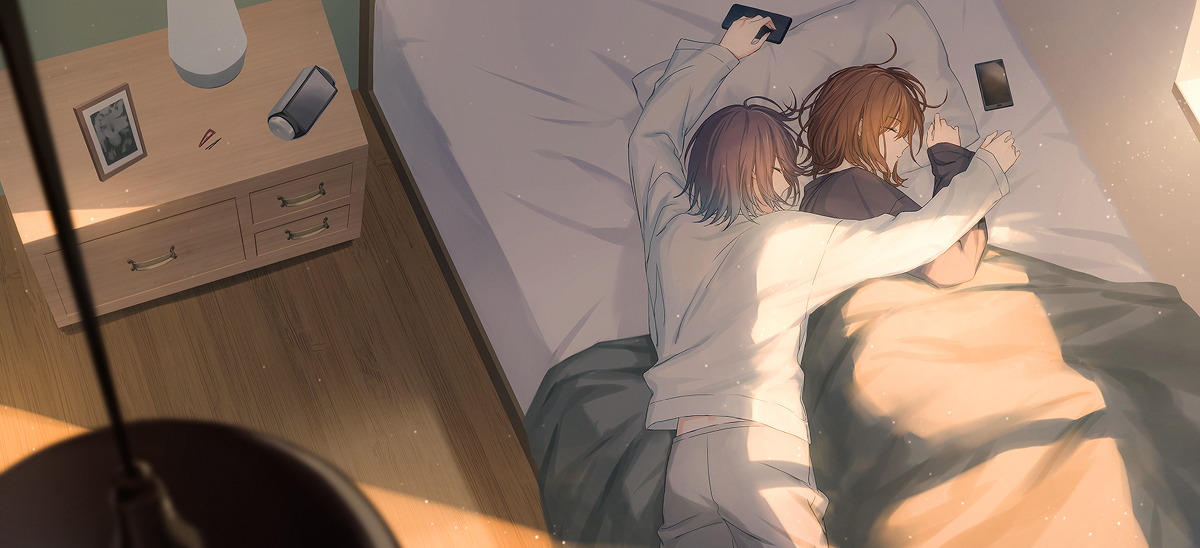 This is a pixiv picture whose title is とおまどは一緒に寝る（現実）.