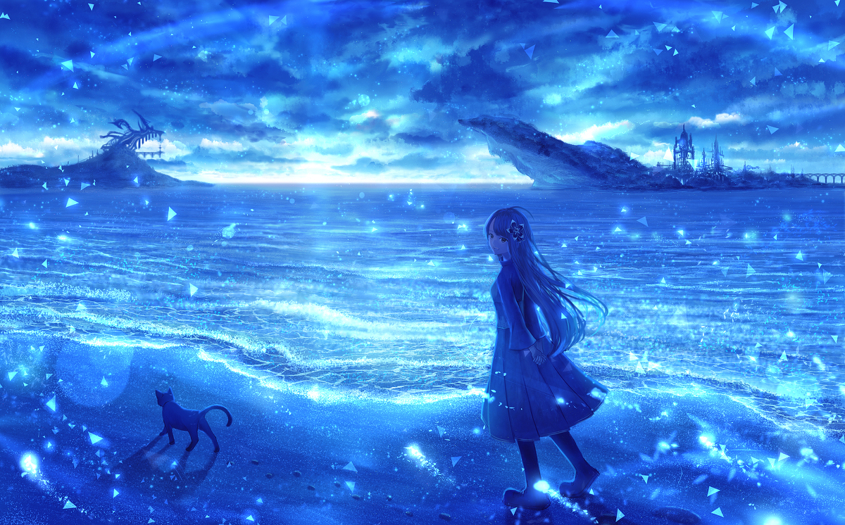 This is a pixiv picture whose title is 青昏の浜辺.