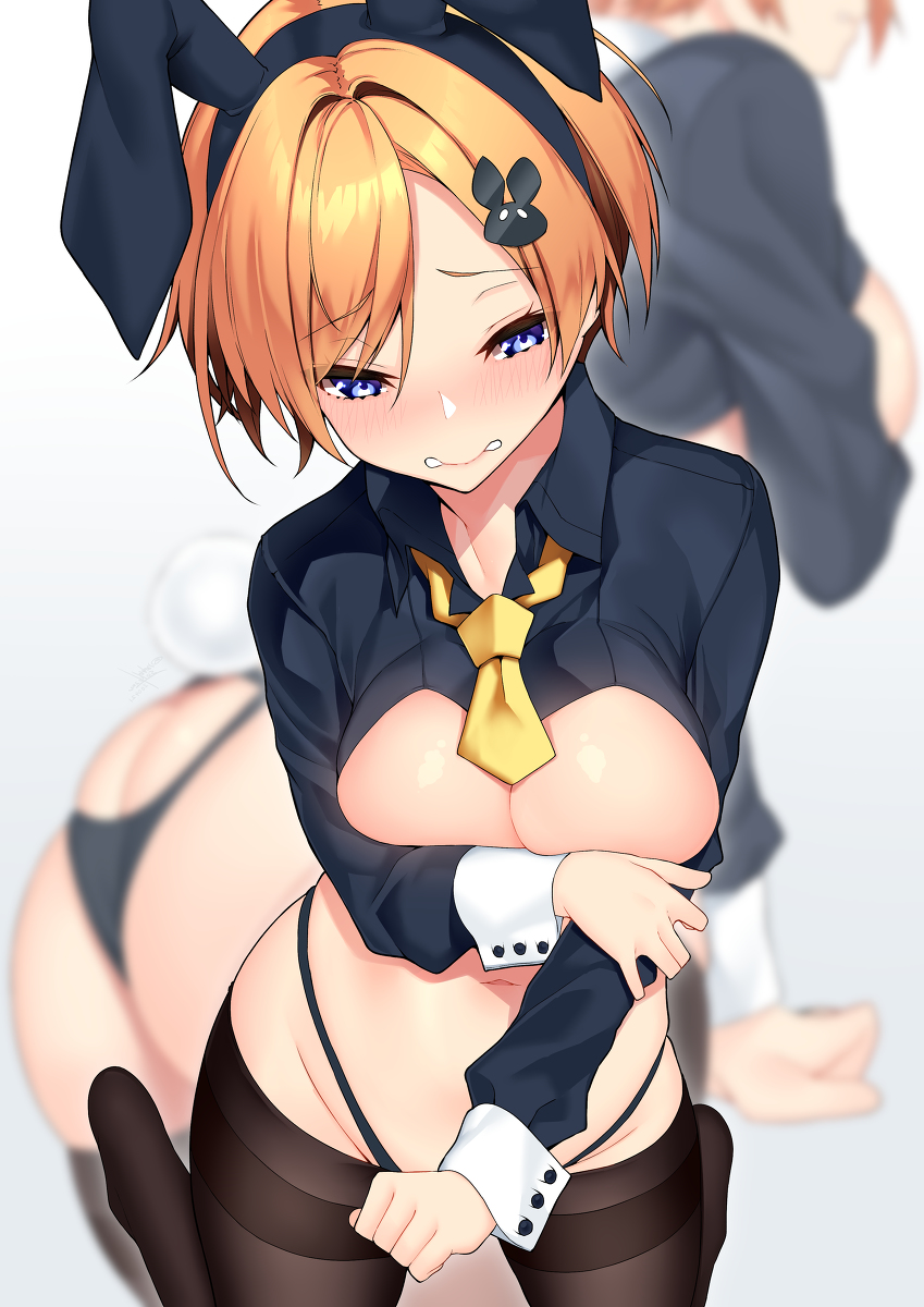 This is a pixiv picture whose title is ゲームに負けて逆バニーとおまけでI字をやらされる娘.