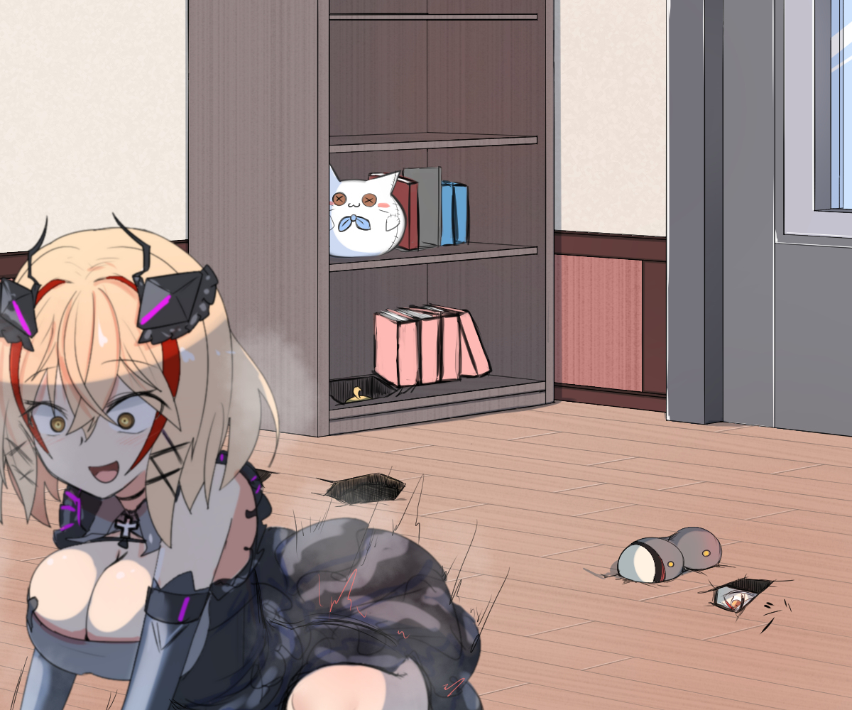 This is a pixiv picture whose title is 2階にある指揮官の部屋を床から探るオイゲン.