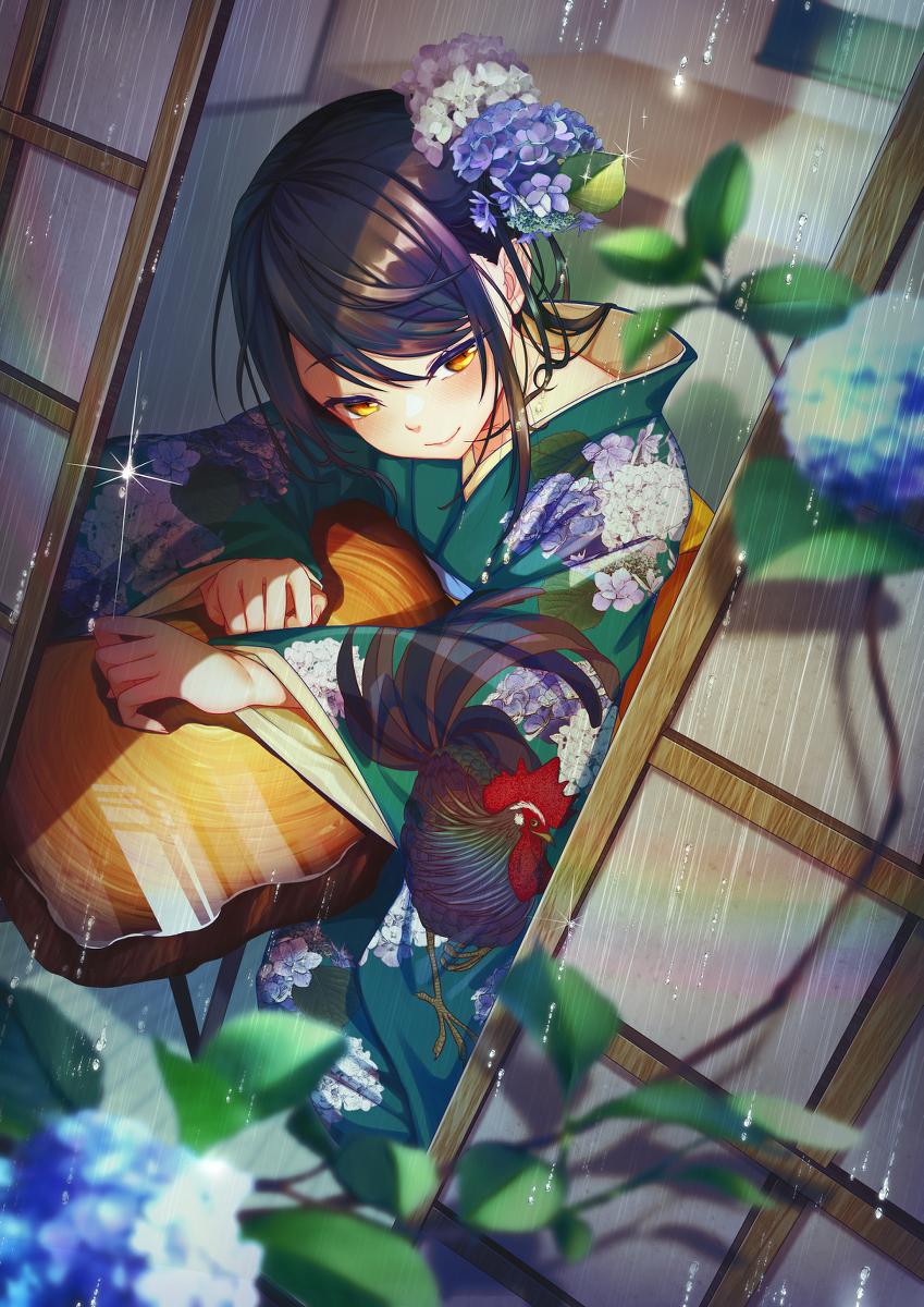 This is a pixiv picture whose title is 鶏とアジサイ.
