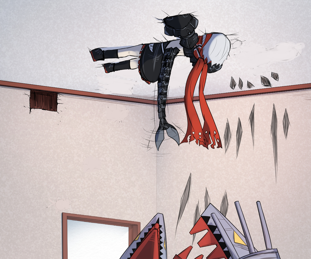 This is a pixiv picture whose title is 2階にある指揮官の部屋を床から探るシュペー.