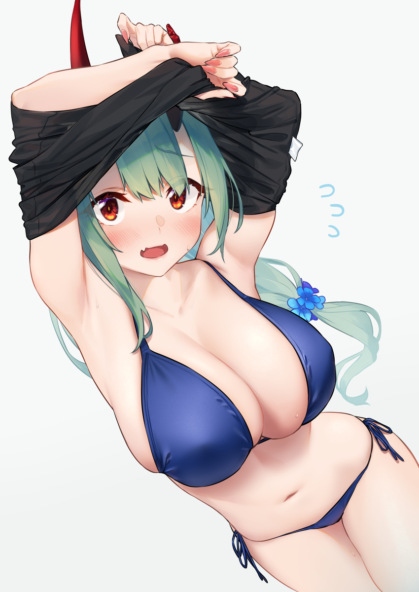 This is a pixiv picture whose title is 自分の角に引っかかってうまく脱げない低身長巨乳鬼っ子.