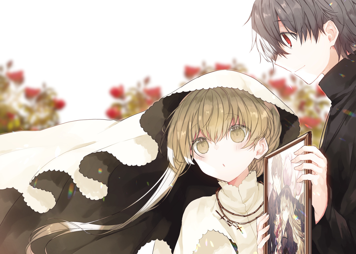 This is a pixiv picture whose title is 『白聖女と黒牧師』7巻発売記念複製原画展.