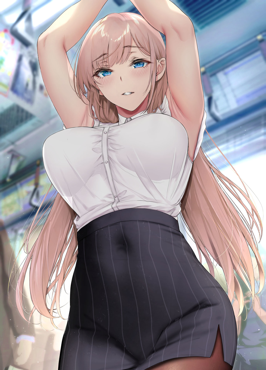This is a pixiv picture whose title is 電車通勤中、気になる部下を見つけると座席が空いていてもあえて正～.