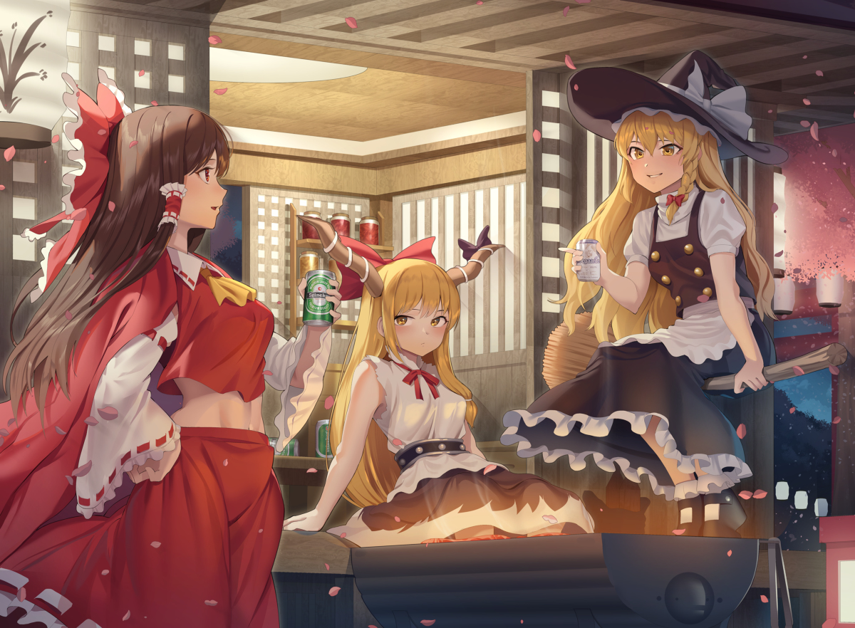 This is a pixiv picture whose title is 魔理沙 萃香 霊夢.