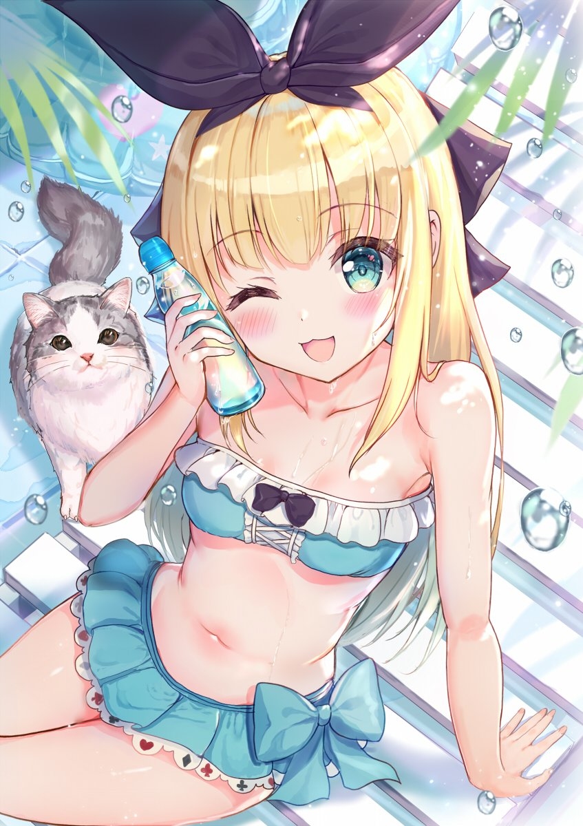 This is a pixiv picture whose title is 水着有栖ちゃんとねじゅ.