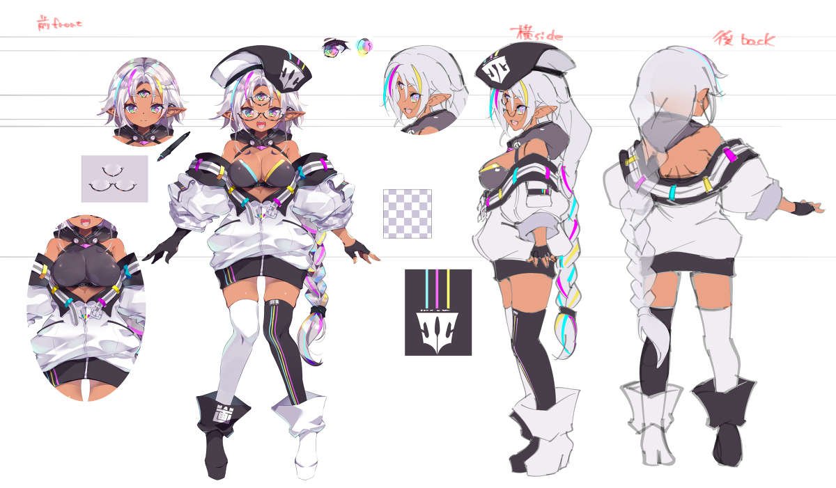 This is a pixiv picture whose title is 【三面図】三つ目メガネっ娘お絵かきVtuber【CMY子(仮)】.
