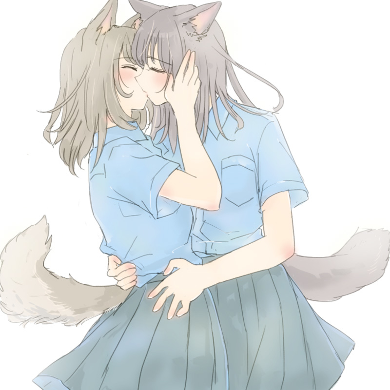 This is a pixiv picture whose title is 青シャツけも耳百合まとめ.