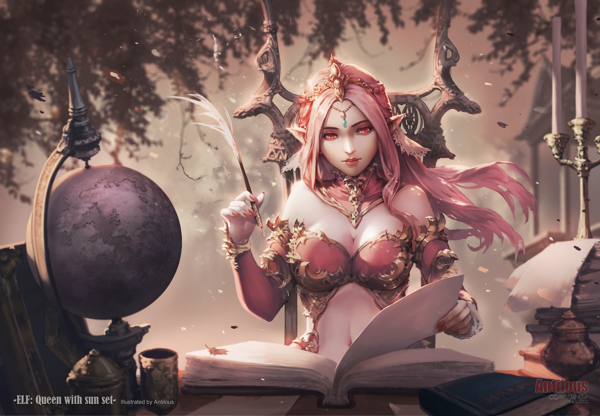 This is a pixiv picture whose title is 女王書房 ELF Queen with sun set.